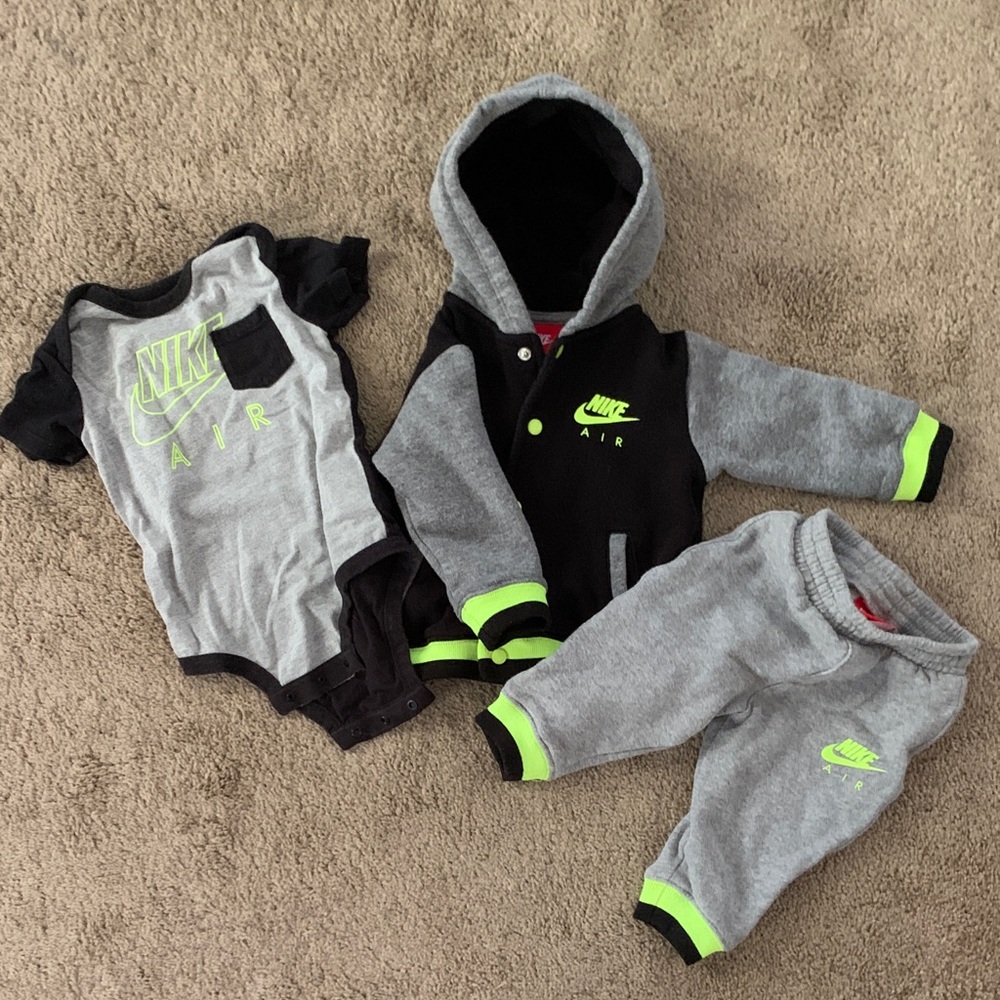 Nike Air Infant Hoodie, sweatpants and Bodysuit 3 piece Set - Black, Gray, Neon